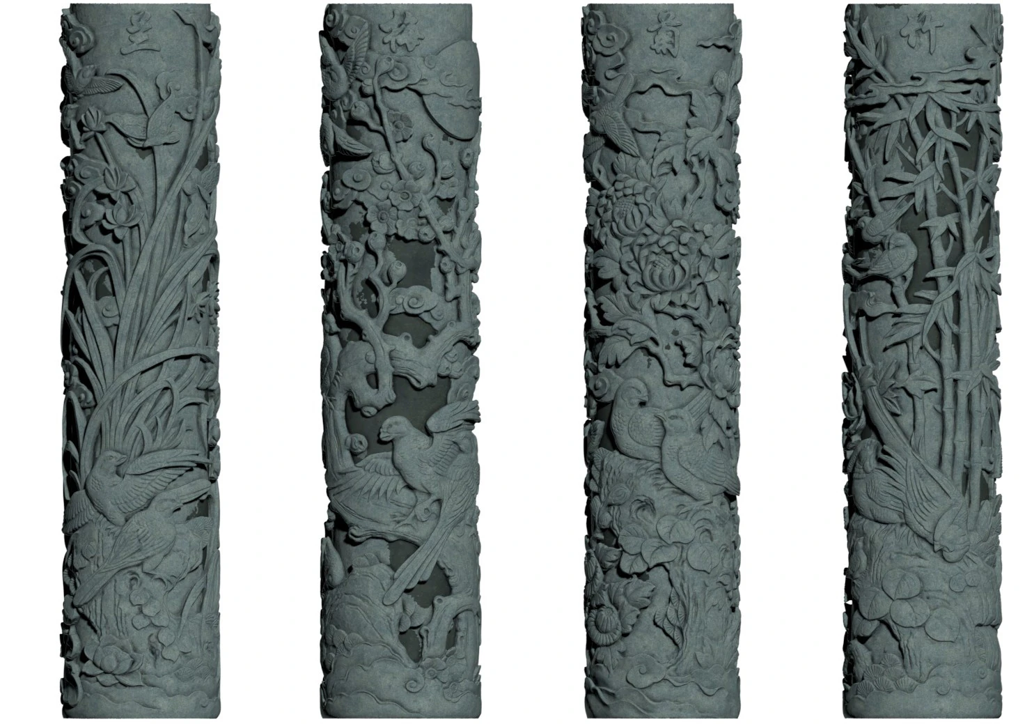 Chinese Traditional Plum Orchid Chrysanthemum Bamboo Stone Carving Column - High-Detail Qin 3D Model .c4d .max .obj .3ds .fbx .stl .blend 