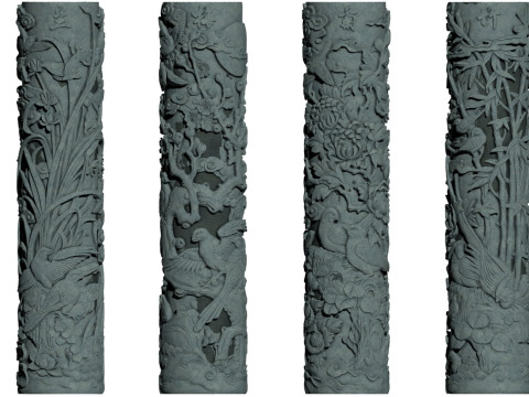 चीनी पारंपरिक बेर आर्किड गुलदाउदी बांस पत्थर पर नक्काशी स्तंभ - उच्च-विस्तार किन 3D मॉडल