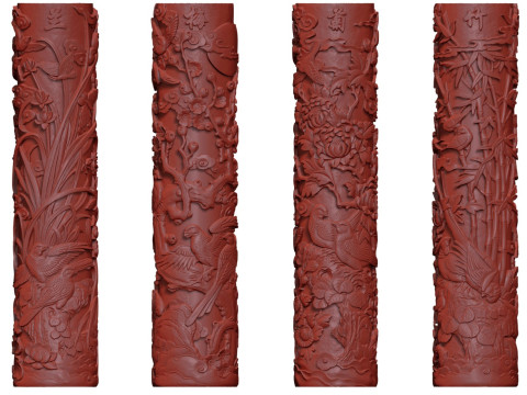 Colonne de sculpture sur pierre de bambou de chrysanthème d'orchidée de prune traditionnelle chinoise - Qin très détaillé Modèle 3D