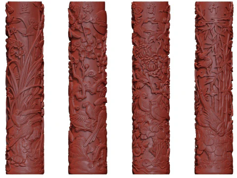 Chinese Traditional Plum Orchid Chrysanthemum Bamboo Stone Carving Column - High-Detail Qin 3D Model