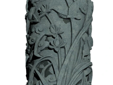 Chinese Traditional Plum Orchid Chrysanthemum Bamboo Stone Carving Column - High-Detail Qin 3D Model