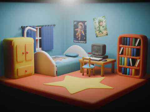 Quarto infantil isom&eacute;trico fofo com cena interior 3D estilizada Modelo 3D