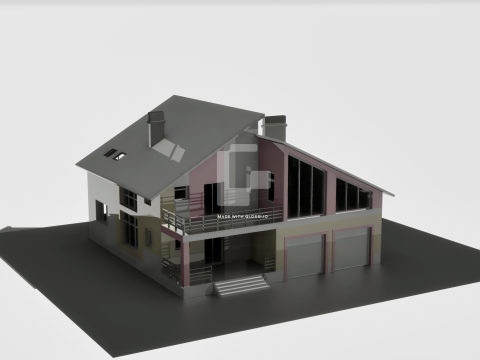 Модель внешней внутренней архитектуры современного двухэтажного жилого дома с балконом гаража 3D Модель