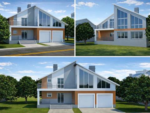 गैराज बालकनी के साथ आधुनिक दो मंजिला आवासीय घर का बाहरी आंतरिक वास्तुकला मॉडल 3D मॉडल