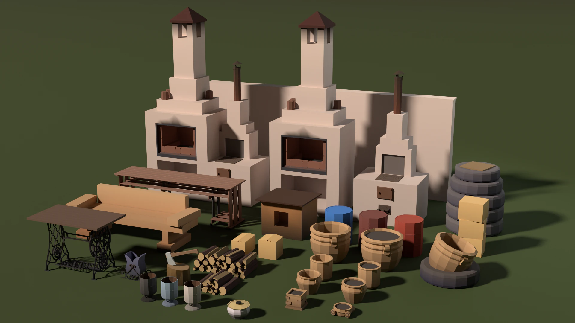 Low-poly country house yard props pack 3D Model .c4d .max .obj .3ds .fbx .stl .blend