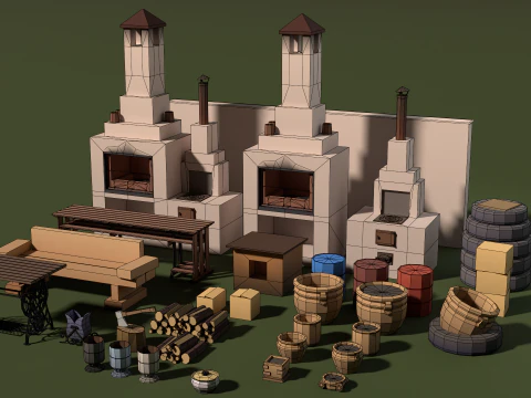 Low-poly country house yard props pack 3D Model