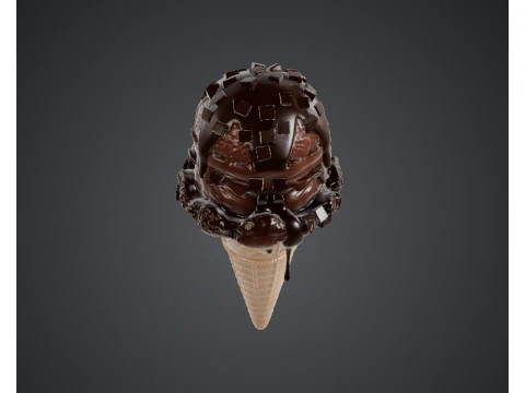 Chocolate Ice Cream Cone with Dripping Chocolate Sauce 3D Model