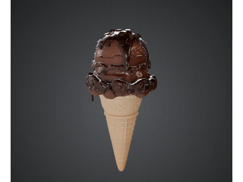 Chocolate Ice Cream Cone with Dripping Chocolate Sauce 3D Model