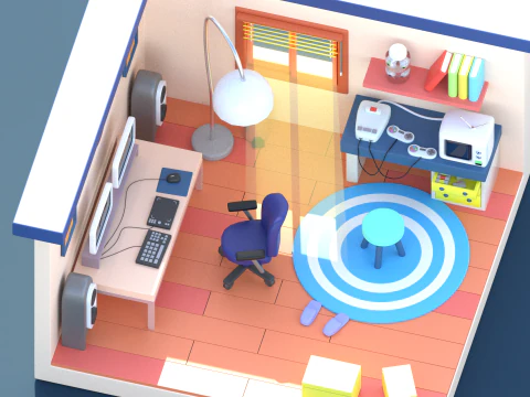 Set console retrò da scrivania completa per camera isometrica Low Poly Modello 3D