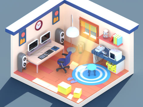 Conjunto de console retrô de mesa completa para sala isométrica baixa poli Modelo 3D