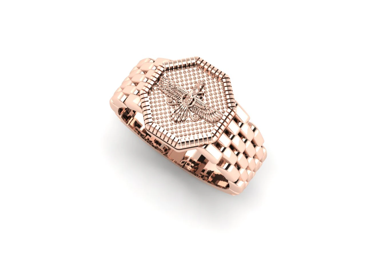 Faravahar Persian Emblem Signet Ring Hexagon Watch-Link Band 3DM STL Source 3D Print Model .c4d .max .obj .3ds .fbx .stl .blend 