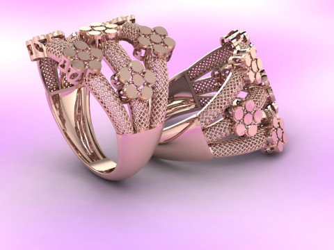 Modello con stampa 3D ad anello in rete intrecciata a triplo filo con fascia a grappolo floreale ampia Modello di stampa 3D