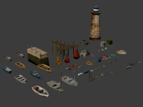PSX Low-Poly Boats Fishing Props Pack 3D Model