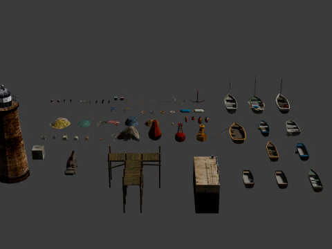 PSX Low-Poly Boats Fishing Props Pack 3D Model