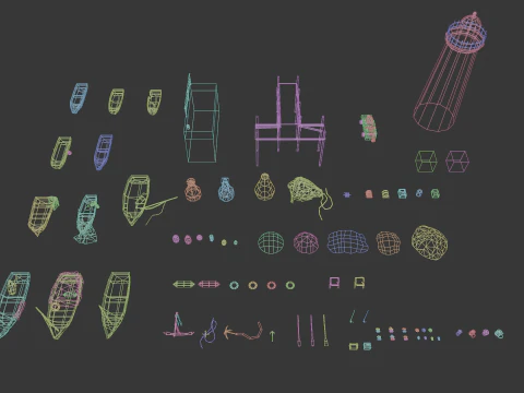 PSX Low-Poly Boats Fishing Props Pack 3D Model