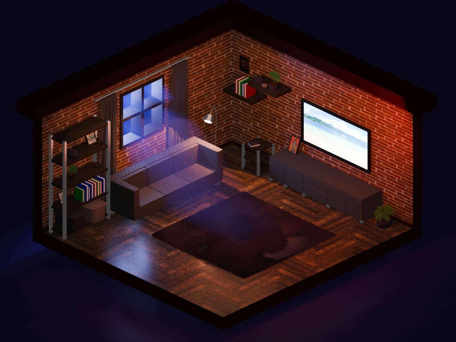 Isometric Living Room Interior Low-poly 3D Model .c4d .max .obj .3ds .fbx .stl .blend
