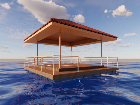물 열대 목조 건축 위에 떠 있는 전망대 파빌리온 3D 모델