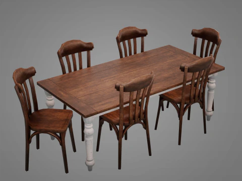 Set tavolo da pranzo e sedie vintage - Game Ready Low-poly Modello 3D