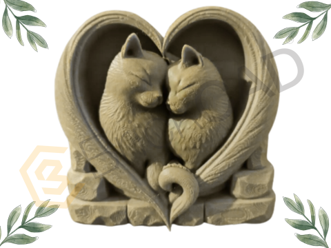 दिल की सजावटी मूर्तिकला में शांत साथी बिल्लियाँ 3डी प्रिंट करने योग्य सीएडी मॉडल 3D मॉडल