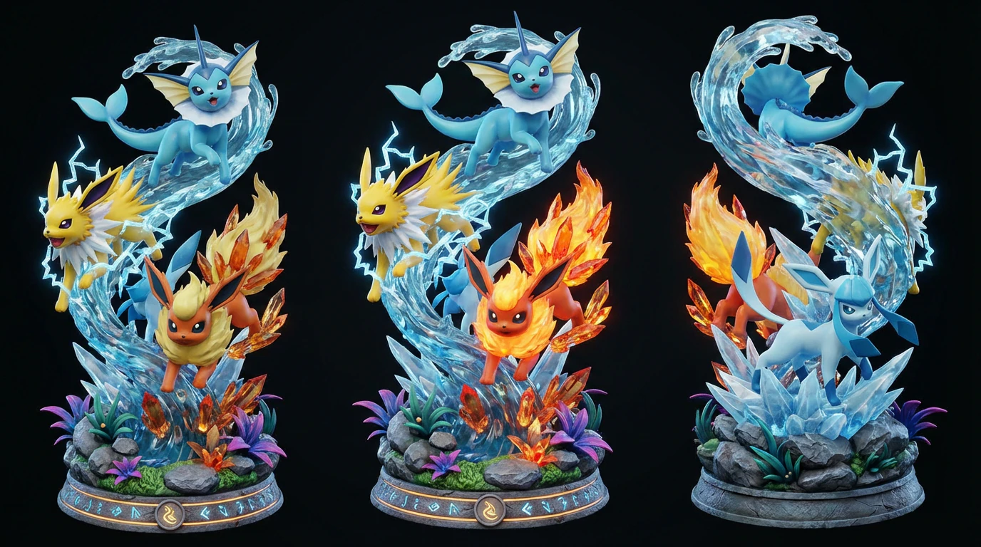 Pokemon Legendary Circle of Elemental Evolutions Fire Water Thunder and Shadow Ascension 3D Print Model .c4d .max .obj .3ds .fbx .stl .blend 
