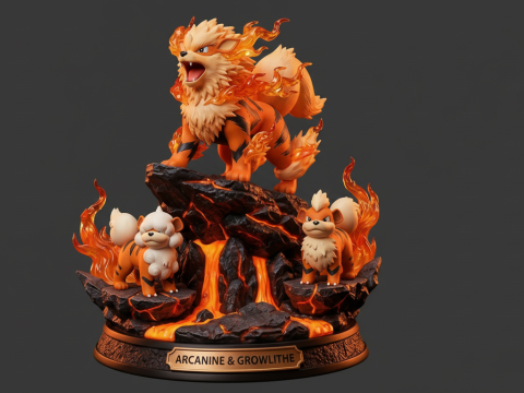 Arcanine Growlithe Eeuwige Vlam Guardian Diorama 3D printmodel
