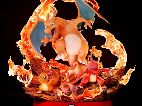 Pokemon Charmander Charmeleon Charizard Evolution Red pokeball diorama 3D Collectible Statue Modelo de Impressão 3D