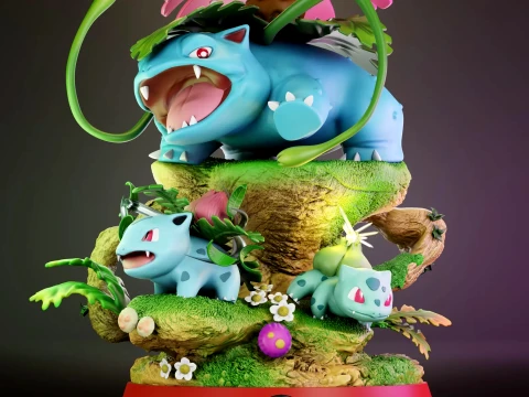 Pokmon Evolution Green Bulbasaur Ivysaur Venusaur Base Diorama 3D Collectible Statue Modello di stampa 3D