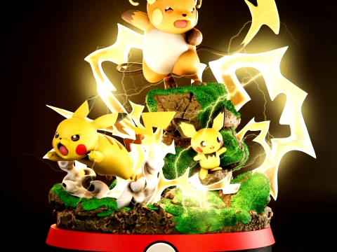Pokmon Evolution Pikachu Raichu Pichu Diorama yellow Base Diorama 3D Collectible Statue Model do druku 3D