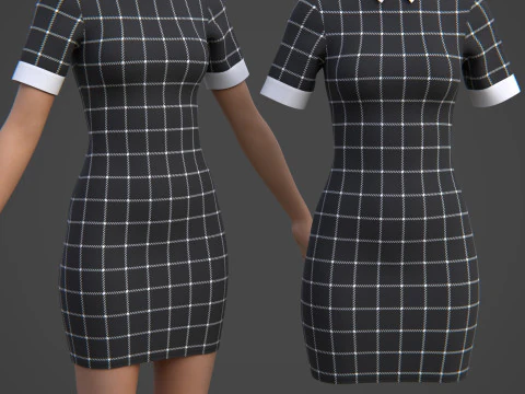 Black Plaid Collared Dress - Fitted Bodycon Sexy Short Dress 3D Model