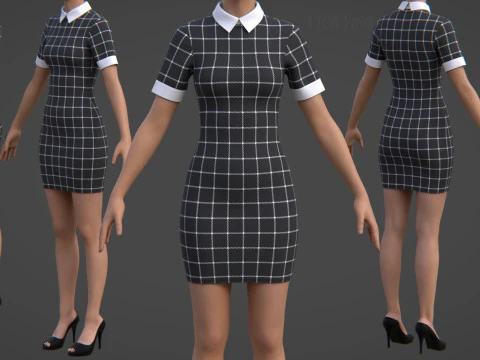 Black Plaid Collared Dress - Fitted Bodycon Sexy Short Dress 3D Model