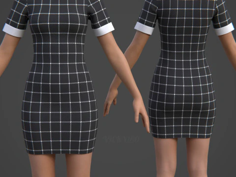 Black Plaid Collared Dress - Fitted Bodycon Sexy Short Dress 3D Model