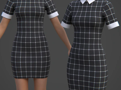 Black Plaid Collared Dress - Fitted Bodycon Sexy Short Dress 3D Model