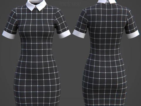 Black Plaid Collared Dress - Fitted Bodycon Sexy Short Dress 3D Model