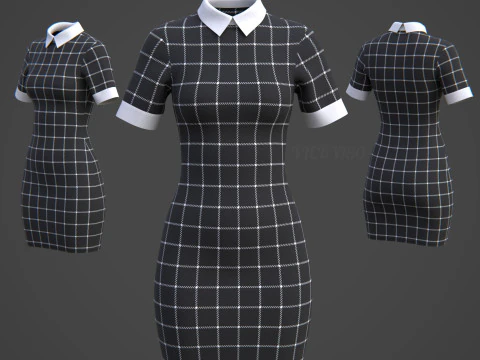 Black Plaid Collared Dress - Fitted Bodycon Sexy Short Dress 3D Model