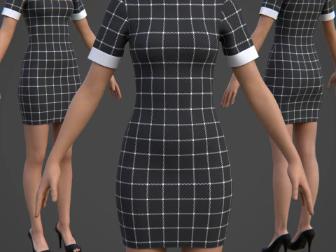 Black Plaid Collared Dress - Fitted Bodycon Sexy Short Dress 3D Model