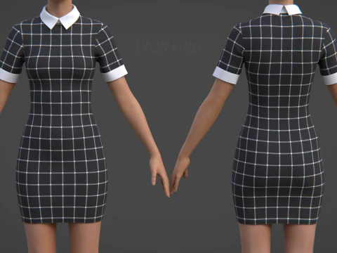 Black Plaid Collared Dress - Fitted Bodycon Sexy Short Dress 3D Model