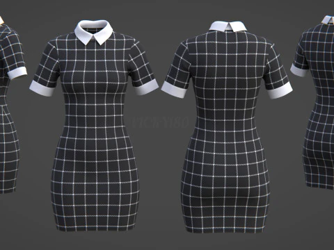 Black Plaid Collared Dress - Fitted Bodycon Sexy Short Dress 3D Model