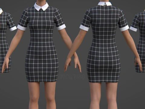 Black Plaid Collared Dress - Fitted Bodycon Sexy Short Dress 3D Model