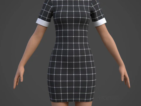 Black Plaid Collared Dress - Fitted Bodycon Sexy Short Dress 3D Model