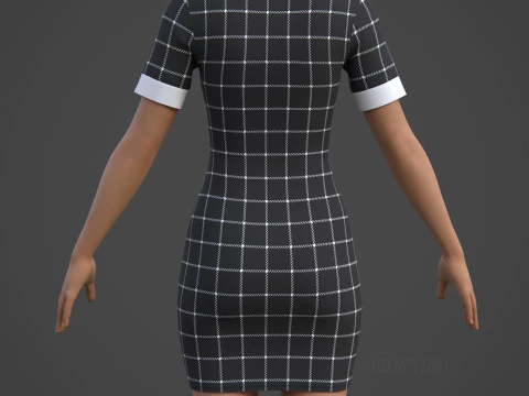 Black Plaid Collared Dress - Fitted Bodycon Sexy Short Dress 3D Model