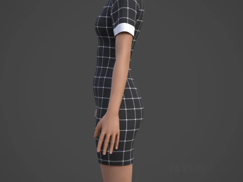 Black Plaid Collared Dress - Fitted Bodycon Sexy Short Dress 3D Model