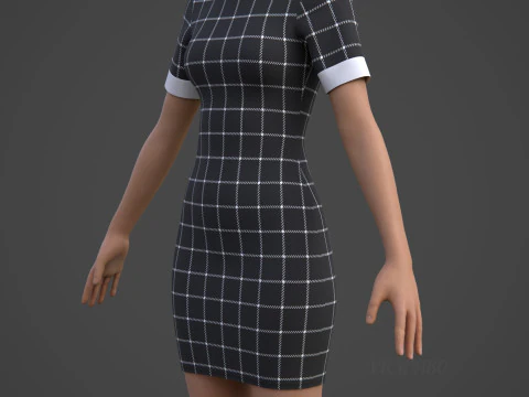 Black Plaid Collared Dress - Fitted Bodycon Sexy Short Dress 3D Model