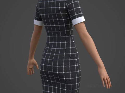 Black Plaid Collared Dress - Fitted Bodycon Sexy Short Dress 3D Model