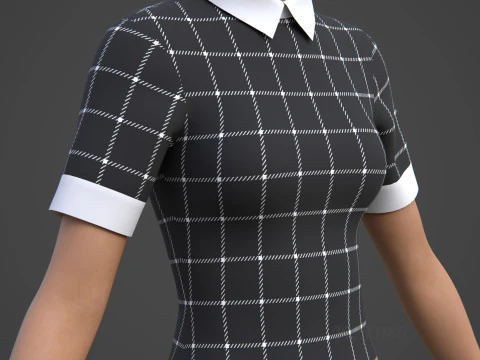 Black Plaid Collared Dress - Fitted Bodycon Sexy Short Dress 3D Model