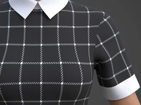Black Plaid Collared Dress - Fitted Bodycon Sexy Short Dress 3D Model