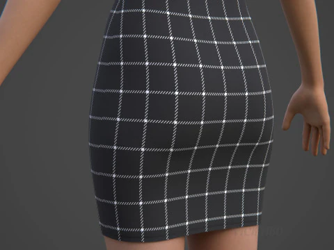 Black Plaid Collared Dress - Fitted Bodycon Sexy Short Dress 3D Model