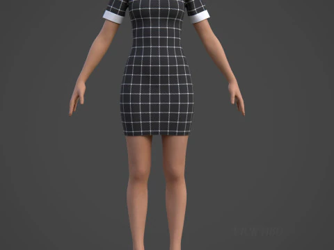 Black Plaid Collared Dress - Fitted Bodycon Sexy Short Dress 3D Model