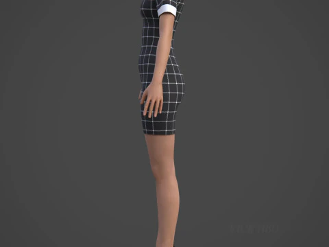 Black Plaid Collared Dress - Fitted Bodycon Sexy Short Dress 3D Model
