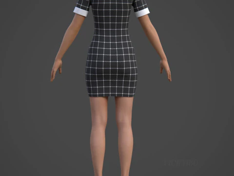 Black Plaid Collared Dress - Fitted Bodycon Sexy Short Dress 3D Model