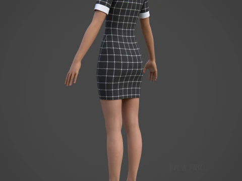 Black Plaid Collared Dress - Fitted Bodycon Sexy Short Dress 3D Model